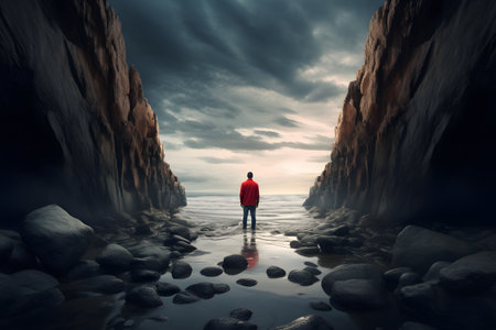 Man in red jacket standing in the middle of the sea on the rocksの素材