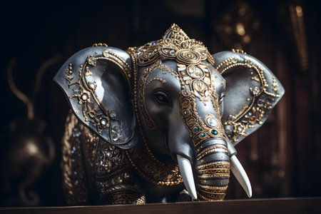 Elephant statue made of gold and silver in Thai temple, Thailandの素材