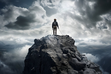 Man standing on the edge of a cliff and looking at the landscapeの素材