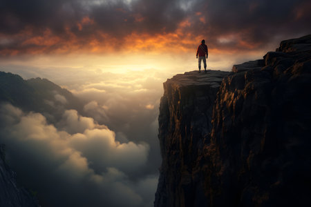 Hiker standing on the edge of a cliff and watching the sunriseの素材