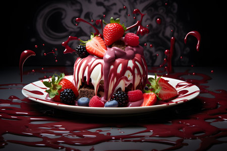 Chocolate cake with strawberry and blueberry on a black background.の素材