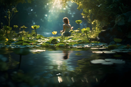 Little girl playing with water lilies in a pond at sunset.の素材