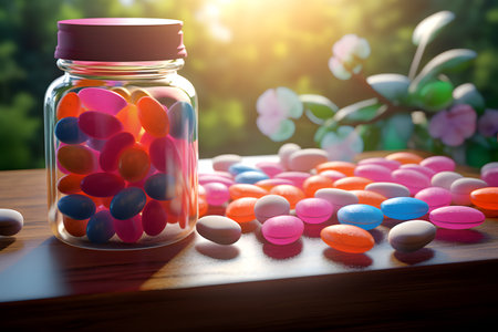 Colorful pills in the jar on wooden table with blurred background.の素材