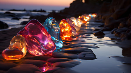 Colorful glass hearts on the beach at sunset. Valentines dayの素材