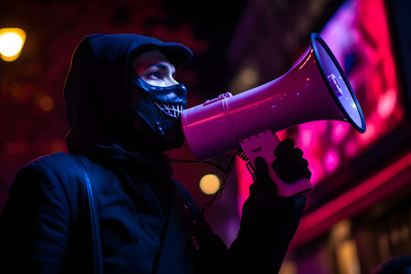 Masked man with a megaphone in the street at nightの素材
