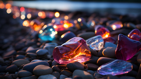 Colorful stones on the beach in the evening, close-upの素材