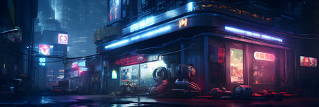 Foggy night scene in New York City, USA. Nightlife concept.の素材