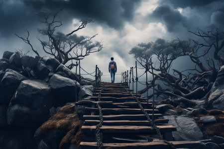 Hiker on the stairs to the top of the mountain. 3d renderingの素材