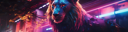 Fantasy portrait of a lion in a dark room with neon lights.の素材