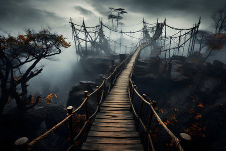 Wooden bridge in the misty forest. 3D rendering.の素材