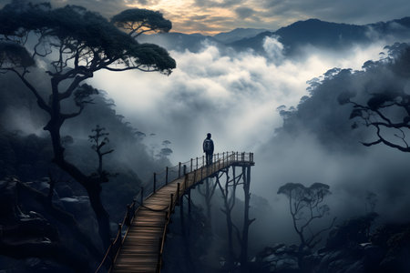 Man standing on a wooden bridge over a misty valley. 3D Renderingの素材