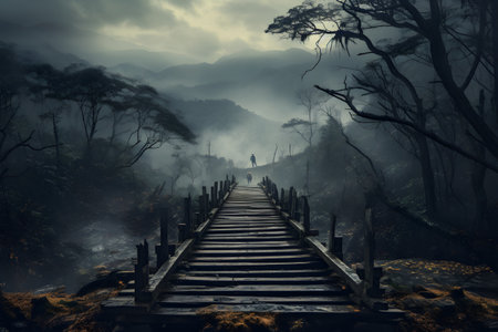 Wooden bridge in the misty forest at Doi Inthanon National Park, Chiang Mai, Thailandの素材