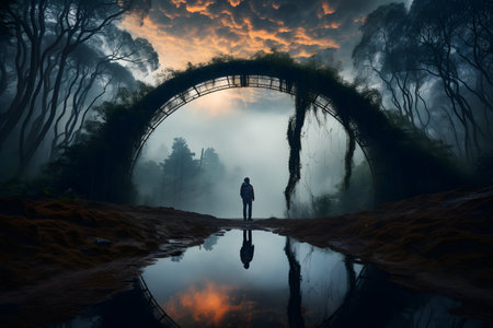 Fantasy scene with a man standing in the middle of a foggy forestの素材