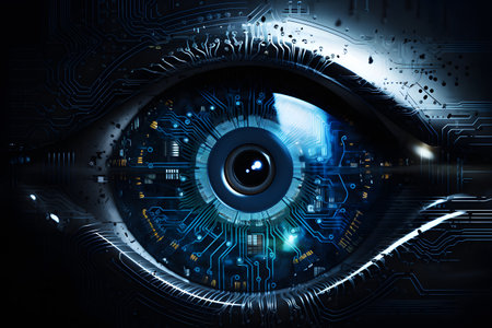 Close-up view of human eye with circuit board. Technology conceptの素材