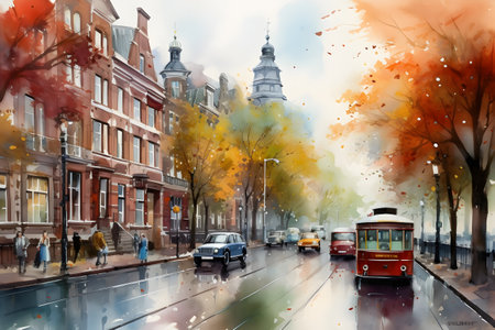 Digital painting of a street in the city of Amsterdam, Holland.の素材