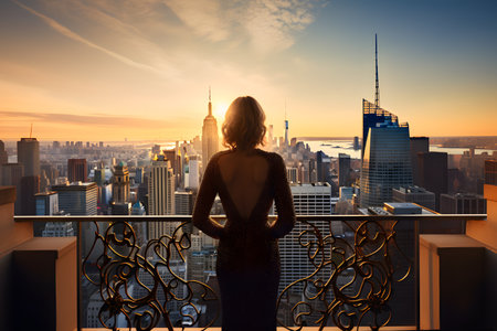 Woman watching New York City skyline from Empire State Building at sunset.の素材