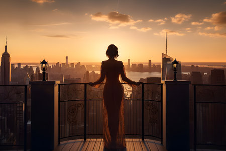 Silhouette of a beautiful woman standing on the observation deck in New York at sunsetの素材