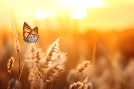 Butterfly on wheat field at sunset. Beautiful nature background.の素材