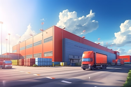 Containers and trucks at the road. Logistics and transportation conceptの素材