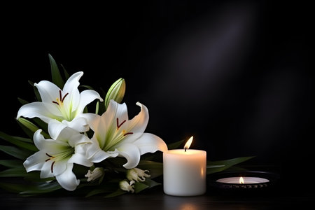 White lilies on a black background with a burning candle and a bouquet of flowersの素材
