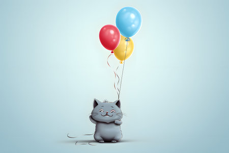 Cute cat with colorful balloons on blue background. 3D renderingの素材