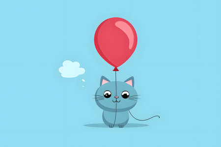 Cute cat with red balloon on blue background. Vector illustration.の素材