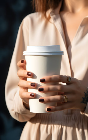 Female hands with a stylish manicure holding a paper cup of coffee.の素材