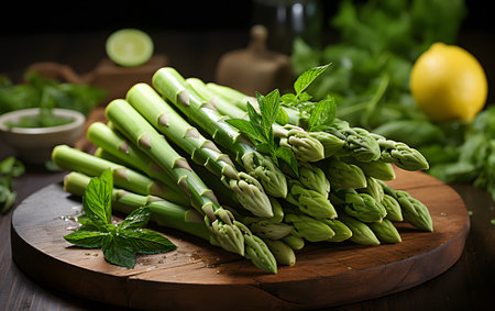 Bunch of fresh green asparagus on a wooden board.の素材