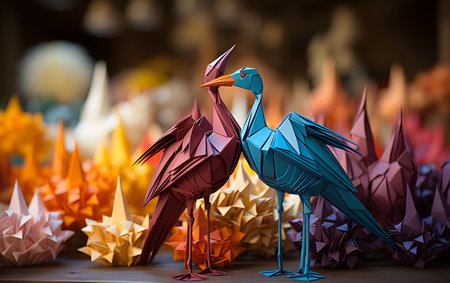 Colorful origami cranes made of paper. Paper origamiの素材
