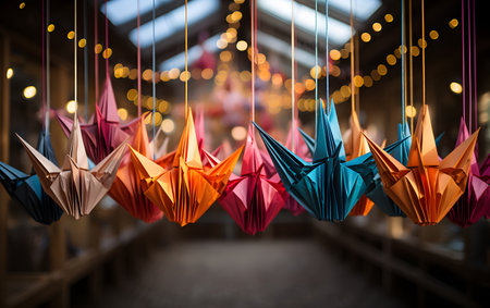 Colorful origami paper boats hanging on ceiling in shopping mall, stock photoの素材