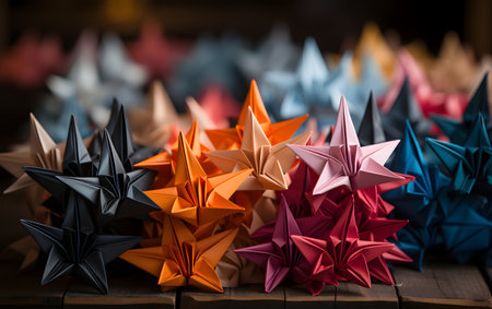 Colorful origami birds on a wooden table. Selective focus.の素材