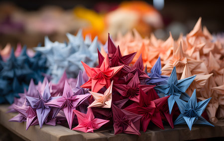 Colorful origami paper stars on a market stall. Selective focusの素材