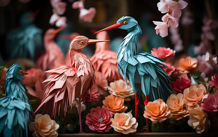 Paper art stork with flowers on wooden background. Selective focus.の素材