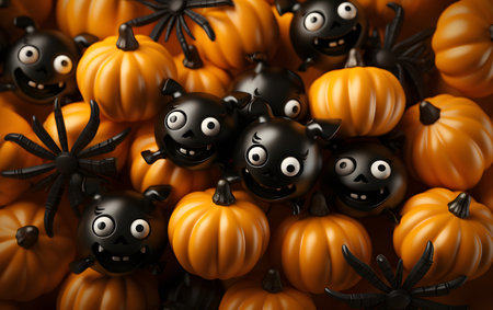 Halloween background with spiders and pumpkins, 3d render illustrationの素材