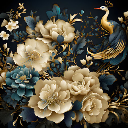 Seamless pattern with peony flowers and bird. Vector illustration.の素材
