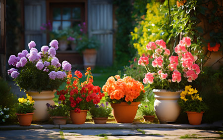 Colorful flowers in pots in front of a country house in summerの素材