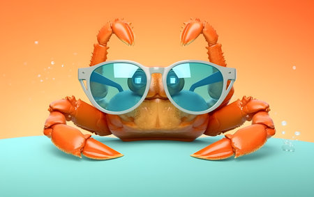 3D illustration of a funny crab with sunglasses isolated on orange backgroundの素材