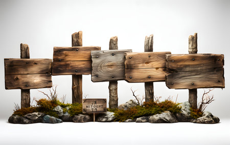 Wooden signpost with signboard and moss on white background.の素材