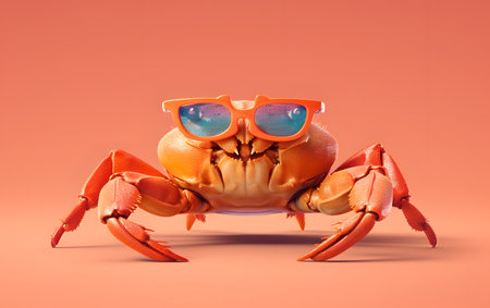 Cute orange crab with sunglasses on orange background. 3d renderingの素材