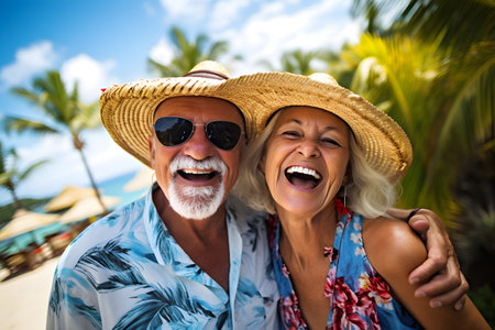 Portrait of happy senior couple on tropical beach. Retirement lifestyle.の素材