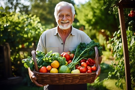 Portrait of a smiling senior man holding a basket full of fresh vegetablesの素材