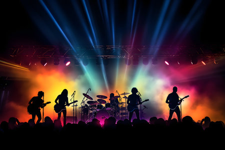 Silhouette of rock band performing live on stage with lights and smokeの素材