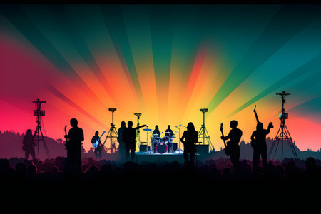 Silhouettes of concert crowd and stage lighting. Vector illustration.の素材