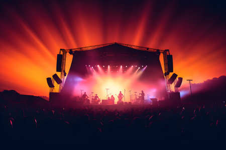 Concert crowd in front of a bright stage with lights and smokeの素材