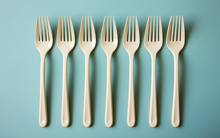 Plastic forks on blue background, top view. Minimal conceptの素材
