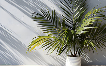 Green palm leaf in a white vase on a gray wall backgroundの素材