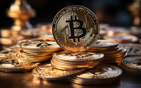 Bitcoin. Cryptocurrency. Crypto currency. Golden Bitcoin on the background of gold coins.の素材