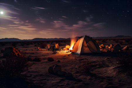 Night camping in the desert. Beautiful night landscape with a tent and a bonfire.の素材