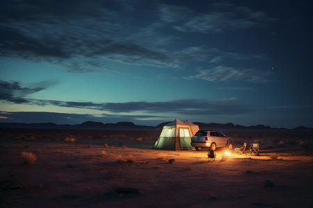 Camping in the desert at night. Travel and adventure concept.の素材