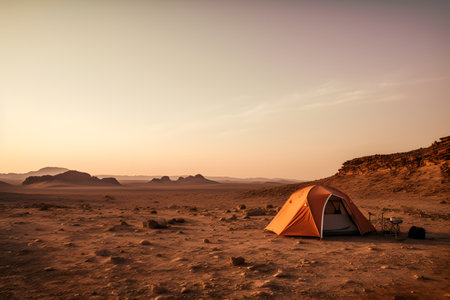 Camping in the Sahara desert at sunset, Morocco, Africa.の素材